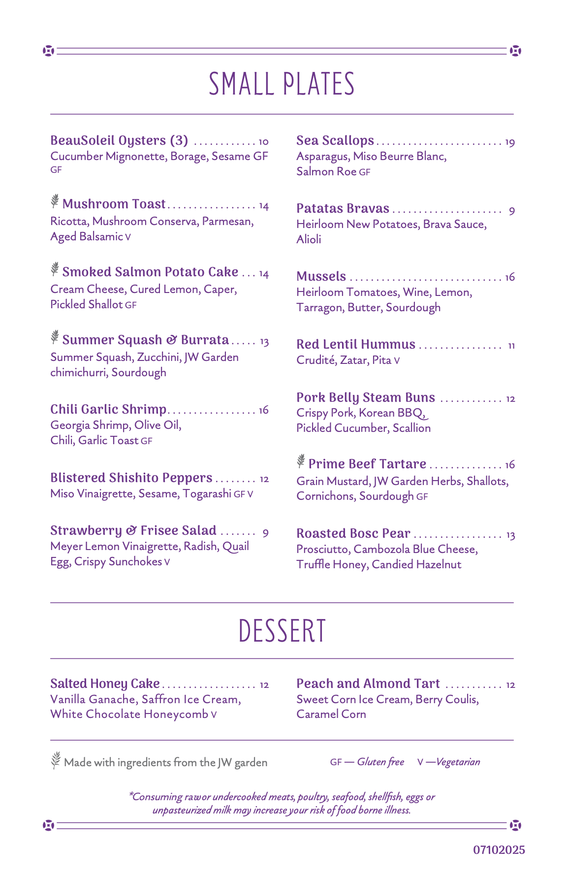 Myrtle and Rose Summer menu